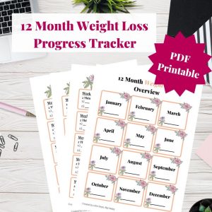 Picture of a Printable 12 Month Weight Loss Tracker on a desk.