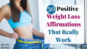 Picture of a woman holding a large pair of pants away from her body. Text overlay: 30 Positive Weight Loss Affirmations That Really Work