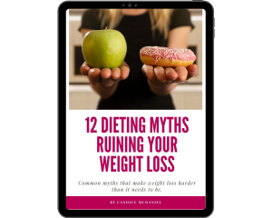 Tablet with the picture of a woman holding an apple and a donut. Text: 12 Dieting myths ruining your weight loss