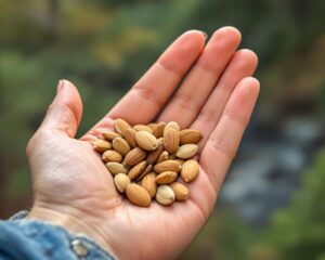 a hand holding a handful of nuts. healthy road trip snacks non-refrigerated