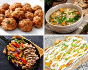 meatballs, chicken and veggie soup, chicken fajitas, chicken enchiladas. low-carb freezer meals