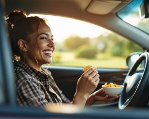 woman eating crackers in her car. healthy road trip snacks non-refrigerated