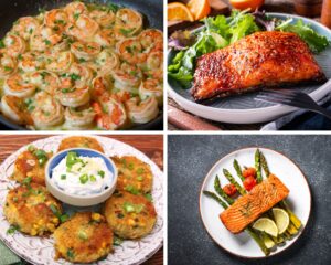 shrimp scampi, salmon, tuna patties. low-carb freezer meals