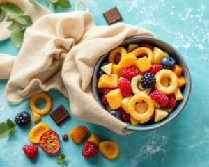 bowl of fresh and dried fruit. healthy road trip snacks non-refrigerated