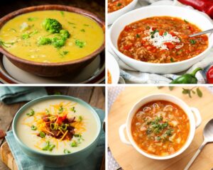 broccoli cheese soup. unstuffed pepper soup, taco soup, sausage and cabbage soup. low-carb freezer meals
