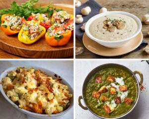 Cheese Steak stuffed peppers, mushroom soup, cauliflower mac and cheese, palak paneer. low-carb freezer meals